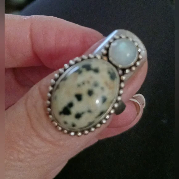 Dalmation Jasper and Moonstone, Sterling Plated, Size 7 - Picture 4 of 5